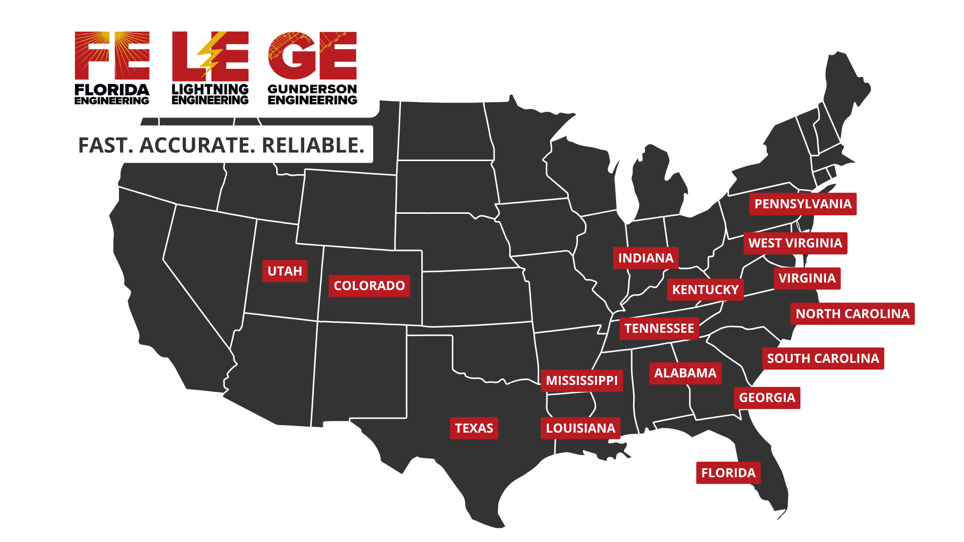 Map of the United States highlighting 16 states served by Florida Engineering, Lightning Engineering, and Gunderson Engineering.
