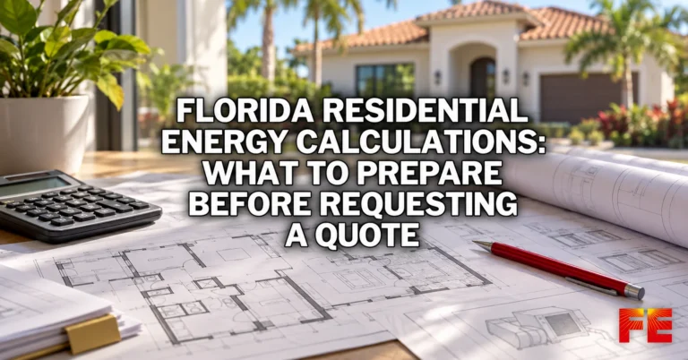Concept illustration of house plans, a calculator and a Florida home for residential energy calculations.