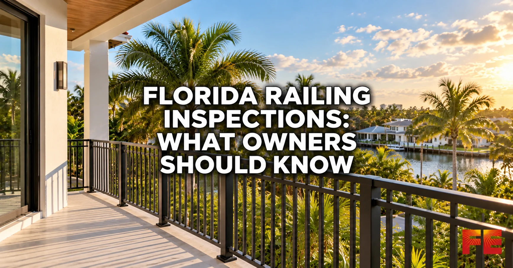 Florida home balcony with a metal guardrail, with the title Florida Railing Inspections: What Owners Should Know.